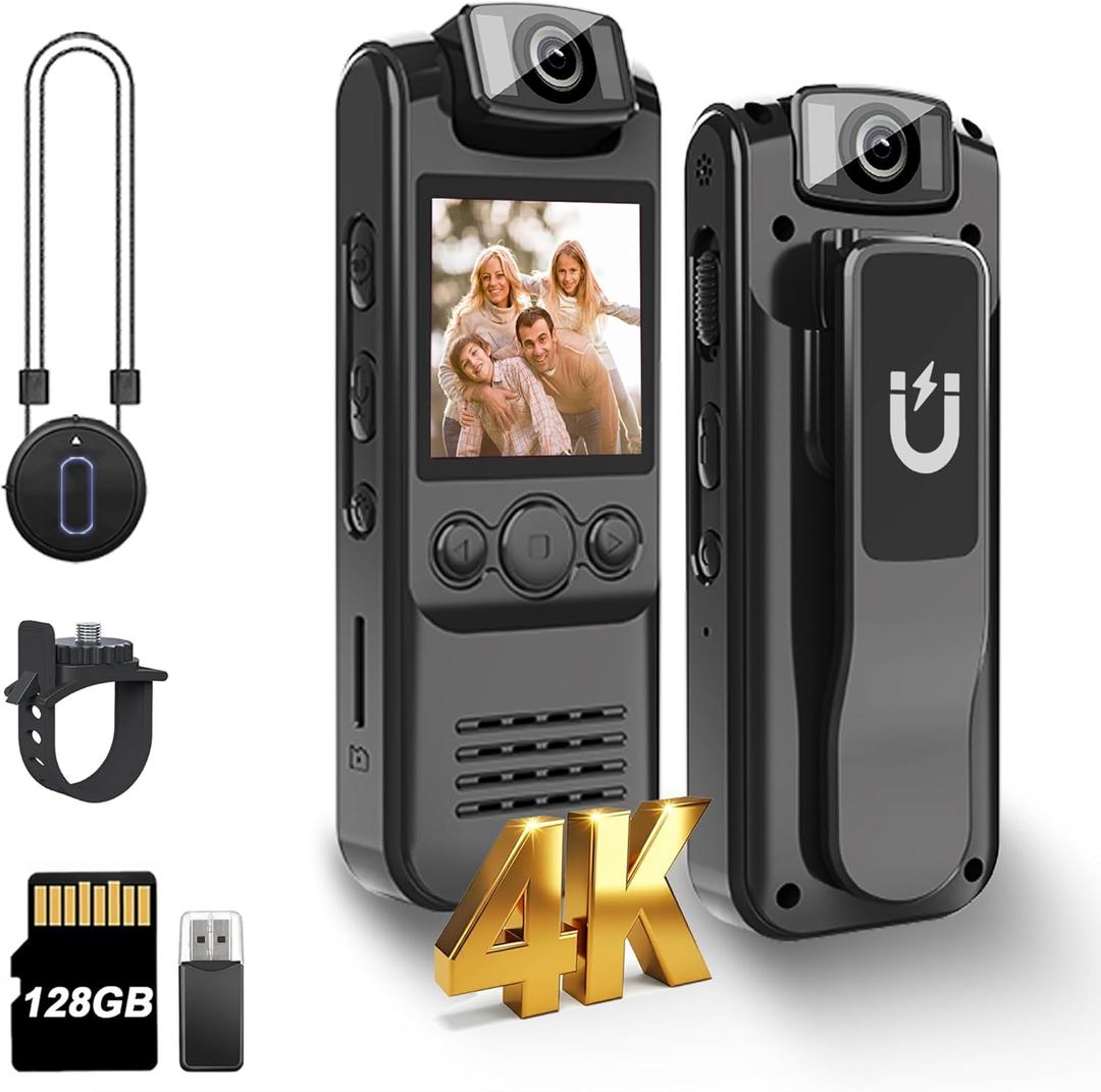 4K Body Camera with Audio and Video Recording, 128GB Mini Wearable Cam with Magnetic Lanyard, Body Worn Camera for Travel, Cycling, Work Security, Police Law Enforcement