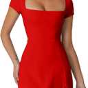 QINSEN Womens Square Neck Tennis Dress Short Sleeve Built in Shorts Golf Athletic Dress
 M