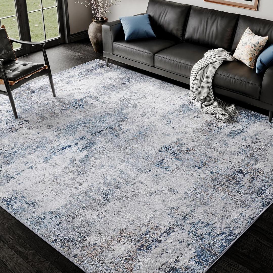 HUGEAR 5x7 Washable Rugs Grey Blue Hallway Area Rug Indoor Accent Rug Abstract Non Slip Low Pile Carpet Distressed Throw Aesthetic Rug for Bedroom Living Room Office Dining Room Kitchen Laundry Room