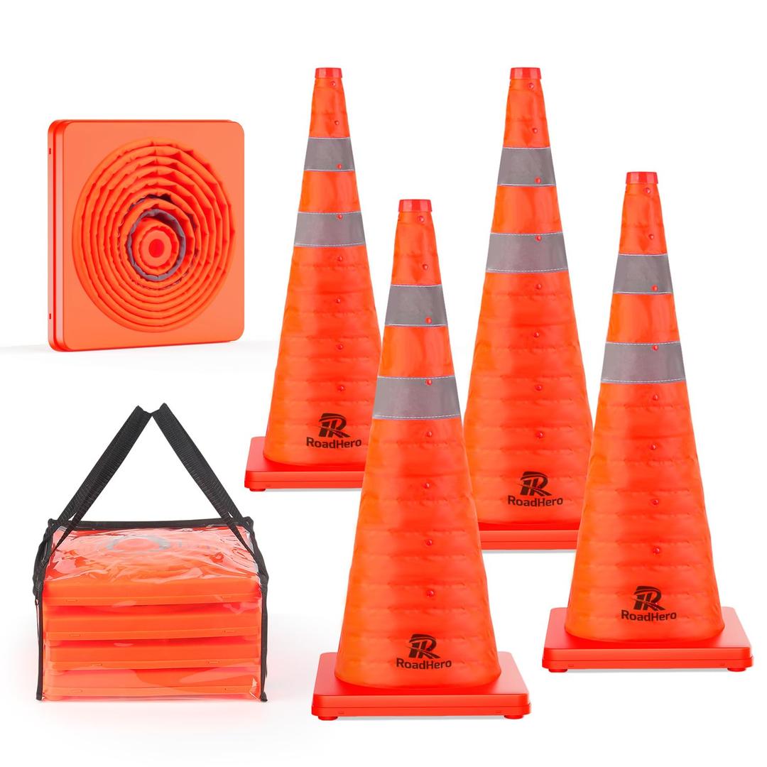RoadHero 28 Inch 4 Pack Collapsible Traffic Safety Cones, Multi Purpose Pop-up Cones with Reflective Collar for Road Safety, Orange Cones for Driving Training, Parking Lots