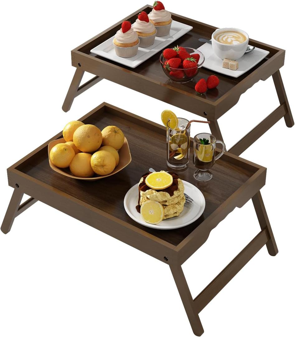 Artmalle Bed Tray Table Folding Legs with Handles Groove Breakfast Food Tray for Sofa, Bed, Eating, Drawing, Platters Serving Lap Desk Snack Trays, Medium (11.8" x 15.7" x 1.6") x 2 Pack, Brown