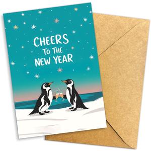 Cheers to the New Year Penguin Card for Friends, Family, or Couples  Cute Winter Celebration Greeting  8x5.3 Inch With Envelope