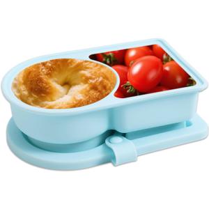 Silicone Reusable Snack Lunch Containers Storage with Lid, Double Compartment Snackle Salad Dressing Sauce Box Containers Pack Small Food Fruit Box for Travel Office Picnic School (Blue)