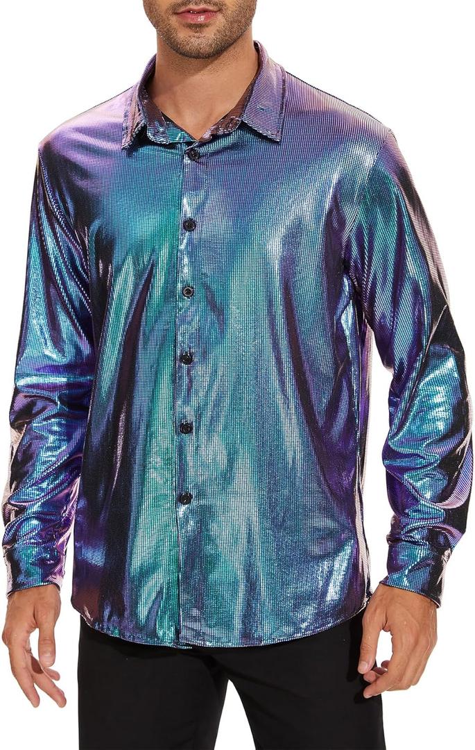 Zando Mens Disco Shirt Outfit Retro 70s Shirts for Men Sequin Glitter Long Sleeve Button Down Disco Outfits Party Costume (L)