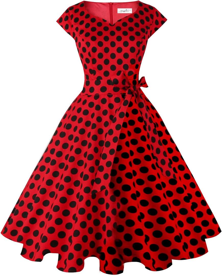 Kingfancy Women Vintage 1950s Dress Retro Cocktail Party Swing Dresses with Cap Sleeves (XX-Large, Red Black Dot)
