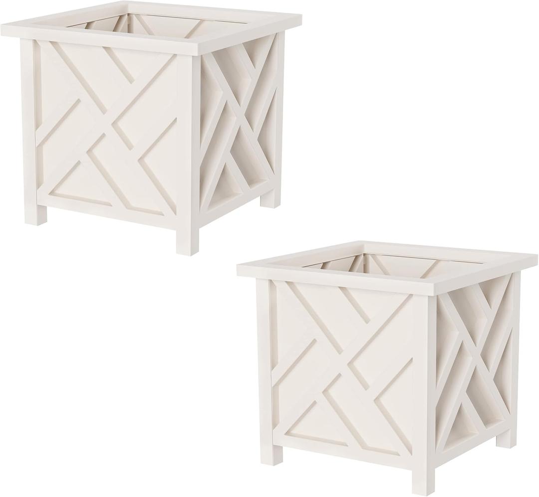 Lattice Design Outdoor Planter Box 2-Pack - 14.75 Square 13 Tall White Decorative Plant Pots for Front Porch Decor - Flower Pots Outdoor Planters for Porch Patio or Garden Decor by Pure Garden