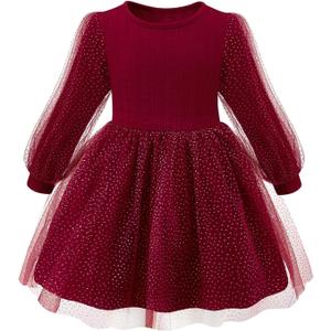 Little Bitty Girls Long Sleeve A-Line Tulle Princess Dress, Midi Length Casual Party Ribbed Knit Top Tulle Skirt 4-13 Years (3T, Crimson Red)