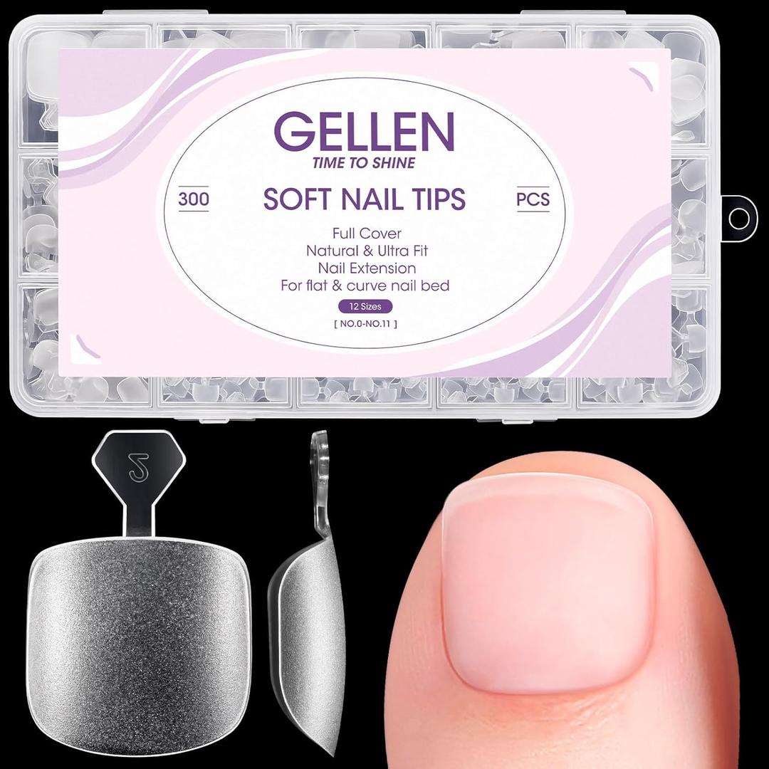 Gellen Press On Toenails 300PCS Short Square Toe Nail Tips Full Cover Matte Soft Gel Fake Toenails, 12 Sizes Clear Toe Nail Extensions with Easy Handle for Pedicure DIY Home Nail Salon