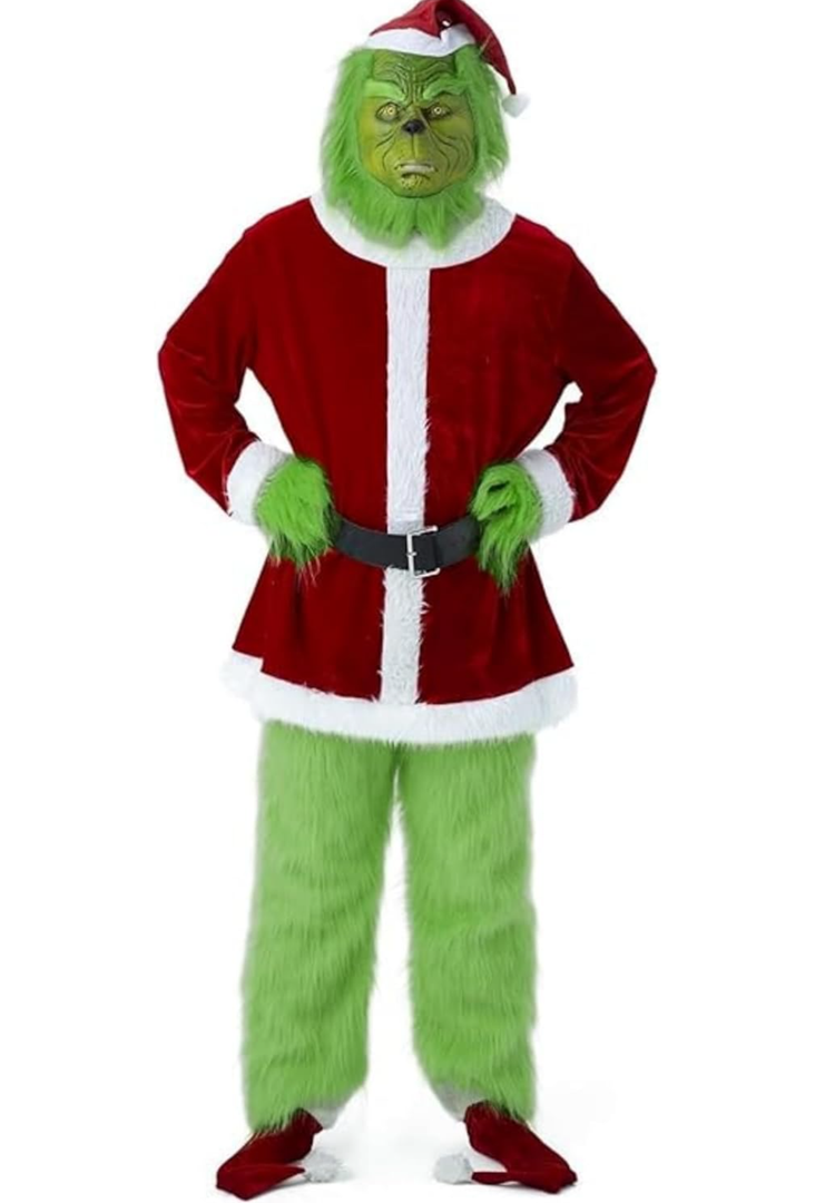 7PCS Christmas Green Monster Costume, Christmas Santa Suit for Adult Men with Mask S