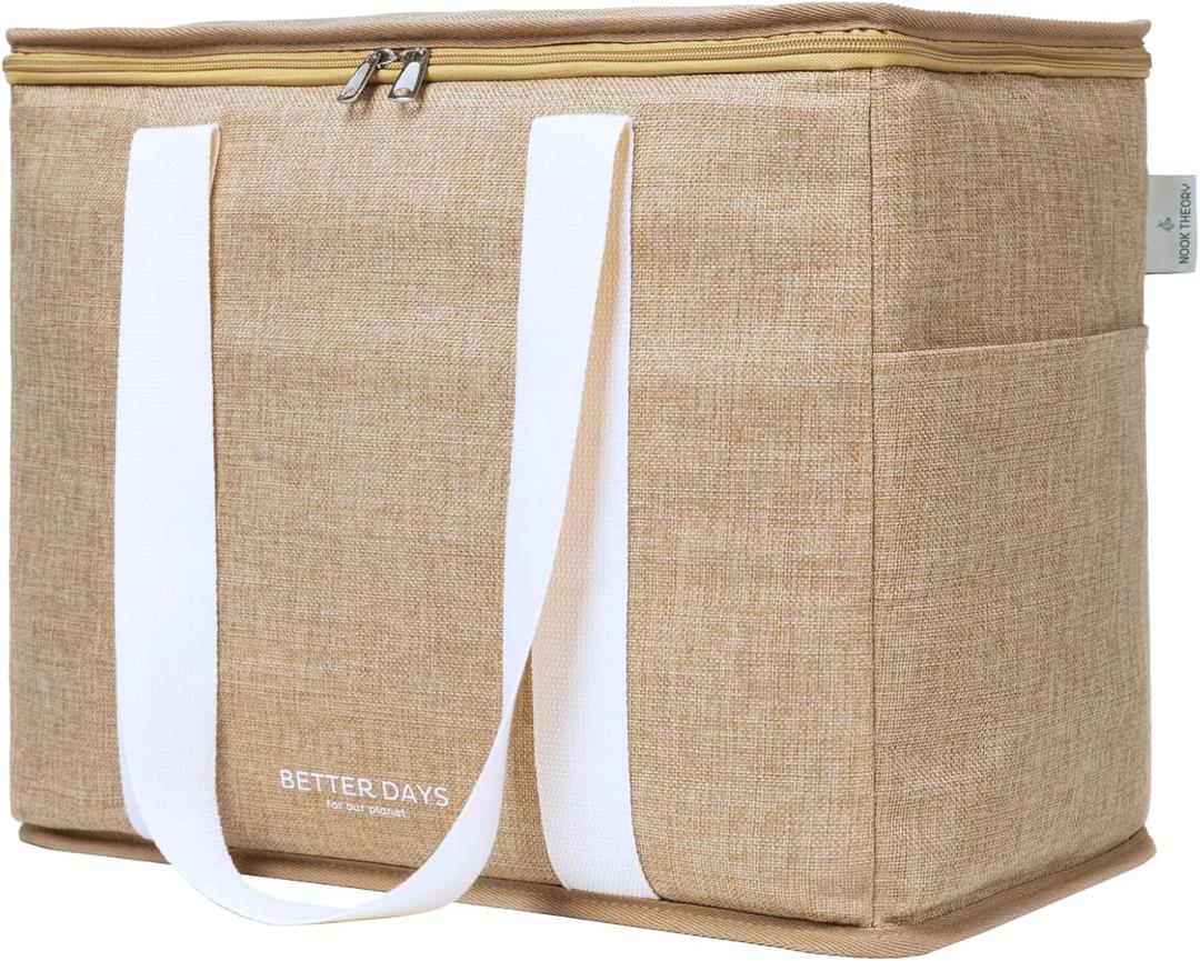 Reusable Insulated Grocery Bag - Leak Proof, X Large Insulated Cooler Bag - Insulated Shopping Bags for Groceries - Travel Cooler Bag for Frozen and Hot Food with Zippered Top (Jute Cream)
