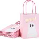 WRAPAHOLIC 12 Pack 7" Small Halloween Kraft Paper Gift Bags - Gold Foil Boo and Pink Ghost Gift Bag for Baby Shower, Holiday, Party Gift Wrap
