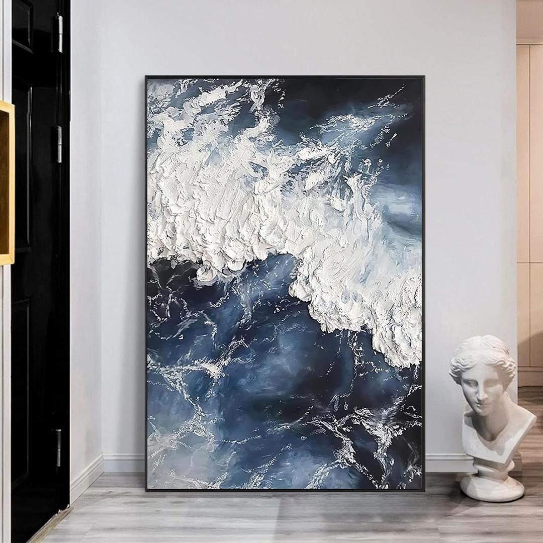 Abstract Artwork - Navy Blue & White Ocean Wave Art Print - Modern Landscape for Bedroom - 16x24inch, No Frame