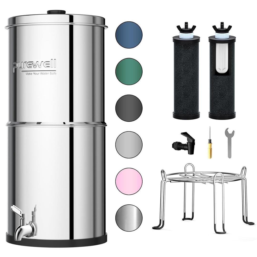 Purewell 3-Stage 0.01m Ultra-Filtration Gravity Water Filter System, NSF/ANSI 42&372 Certification, 304 Stainless Steel Countertop System with 2 Filters and Stand, Reduce 99% Chlorine, 2.25G, PW-OB