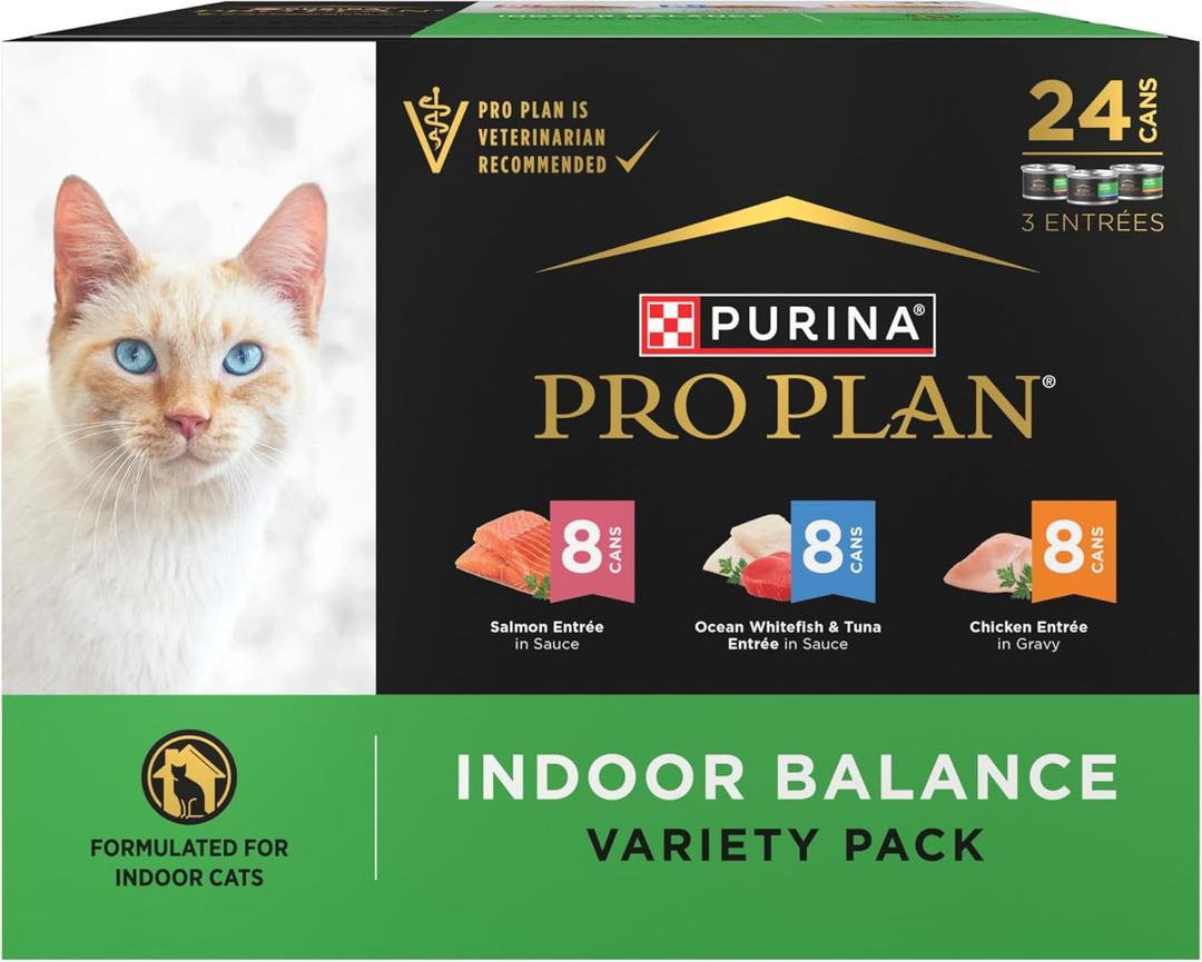 Purina Pro Plan Indoor Balance Chicken, Salmon, and Ocean Whitefish and Tuna Cat Food Wet Entrees Variety Pack - 24 ct. Can, Best By Apr 2027