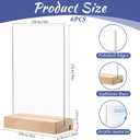 Acrylic Sign Holder 4 x 6 with Wooden Base - 6 Pack L/T Shape 2 in 1 Table Sign Stand Vertical or Slant Back Display, Photo Picture Frame, Menu Holder for Restaurant, Office, Store, Wedding