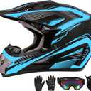 Motocross Helmet,Youth & Adult ATV Dirt Bike Motorcycle Helmet,BMX 4-Wheeler Off-Road Mountain Bike Helmet,DOT Certified,W/Gloves Goggles Mask 4-Piece Set (Blue, Large)