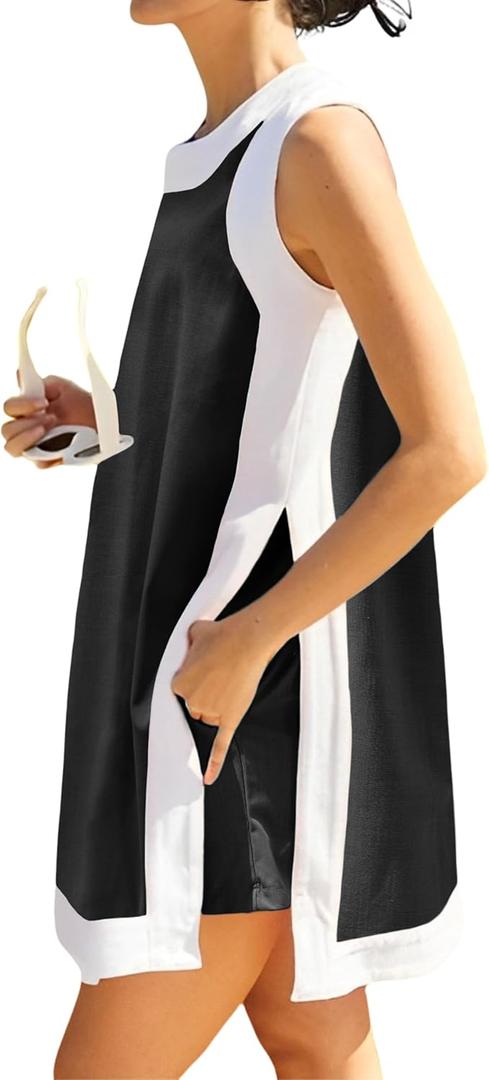Hooever Women's 2 Piece Sets Casual Color Block Crewneck Sleeveless Pullover Tops Matching Shorts with Pockets (Black)