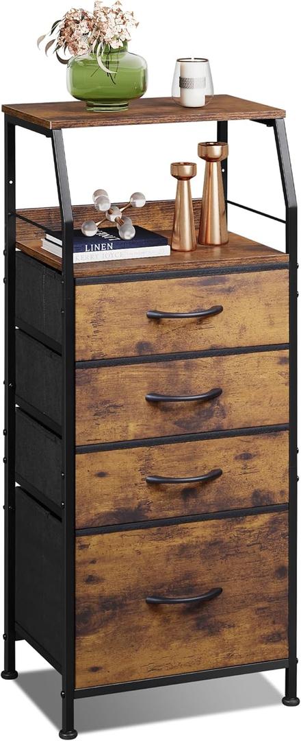 WLIVE Tall Nightstand with 4 Fabric Drawers & Open Shelf, Bedside Table for Bedroom, Modern Tall Dresser, Rustic Brown Wood Grain