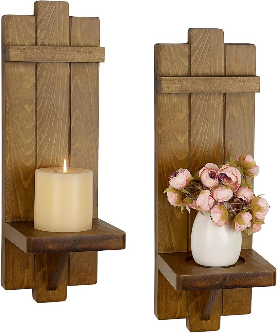 OwnMy Wood Wall Candle Sconces Set of 2, Brown Hanging Pillar Candle Holders Farmhouse Wall Decors, Rustic Candle Sconces Hanging Candlestick Holder for Living Room Fireplace Dining Room Bedroom