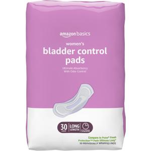 Amazon Basics Incontinence Pads for Women, Long, Postpartum, Bladder Control, Ultimate Absorbency, Fresh Protection, Unscented, 30 Count