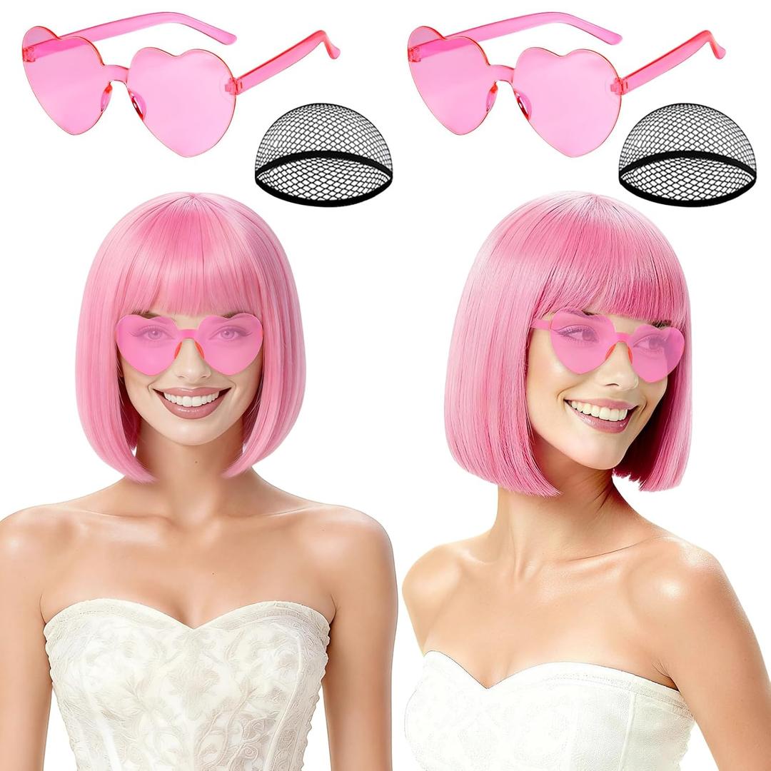 2 Pack Pink Short Bob Wig with Bangs for Women, Girls Neon Bobs Colorful Party Wigs with Heart Sunglasses for Princess Fairy Theme Party Outfit Birthday Cosplay Valentine's Day Daily Fun