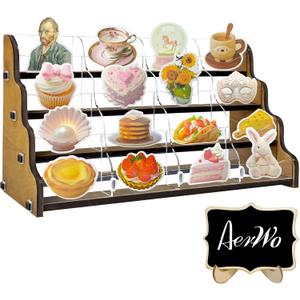 AerWo Sticker Display Stand, Greeting Card Display Stand for Vendor, 4 Tier 16 Shelves Portable Wooden Stickers Display Rack for Retail Counter Events for Postcard Brochure Photos Picture Display (Brown)