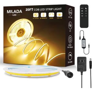 20FT/6M COB LED Strip Light 3000K Warm White High Lumen Dimmable Strip Paired with RF Remote 24V Ul Certified Adapter Suitable for Bedroom Cabinets