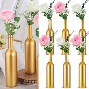 30 Pcs 6 Set Gold Vase Flower Centerpieces for Wedding Table Glass Wine Bottle Flower Vase Candle Holder with Artificial Rose Eucalyptus Baby's Breath for Wedding Reception Table Decor(Pink)