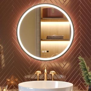 GANPE LED Sensor Mirror, Round Human Body Induction, Black Framed Vanity Mirror, Illuminated Dimmable Anti Fog IP44 Waterproof Wall Mounted Mirror (24" L x 24" W)