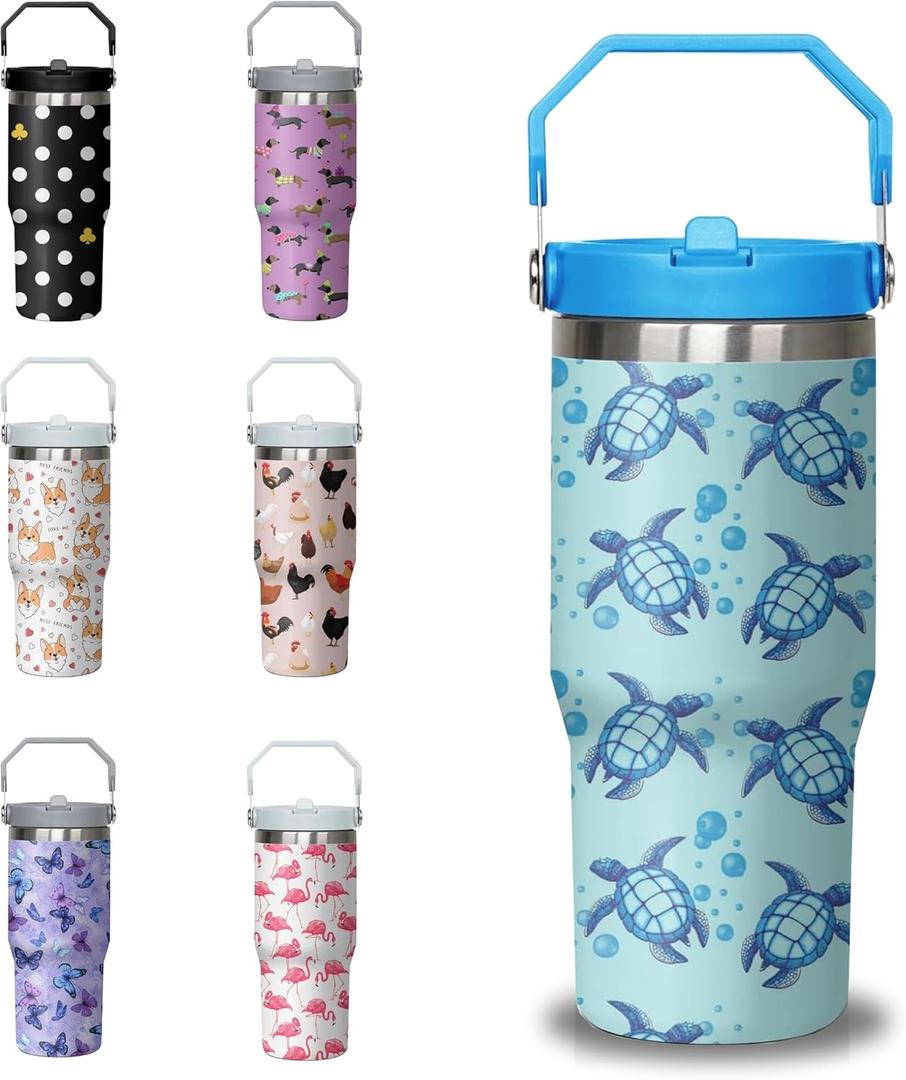 30 oz Blue Sea Turtle Tumbler with Handle and Flip Straw, Stainless Steel Insulated Cup with Lid and Straw, Travel Coffee Mug Water BottleChristmas Birthday Mothers Day Gifts for Women Animal Lovers