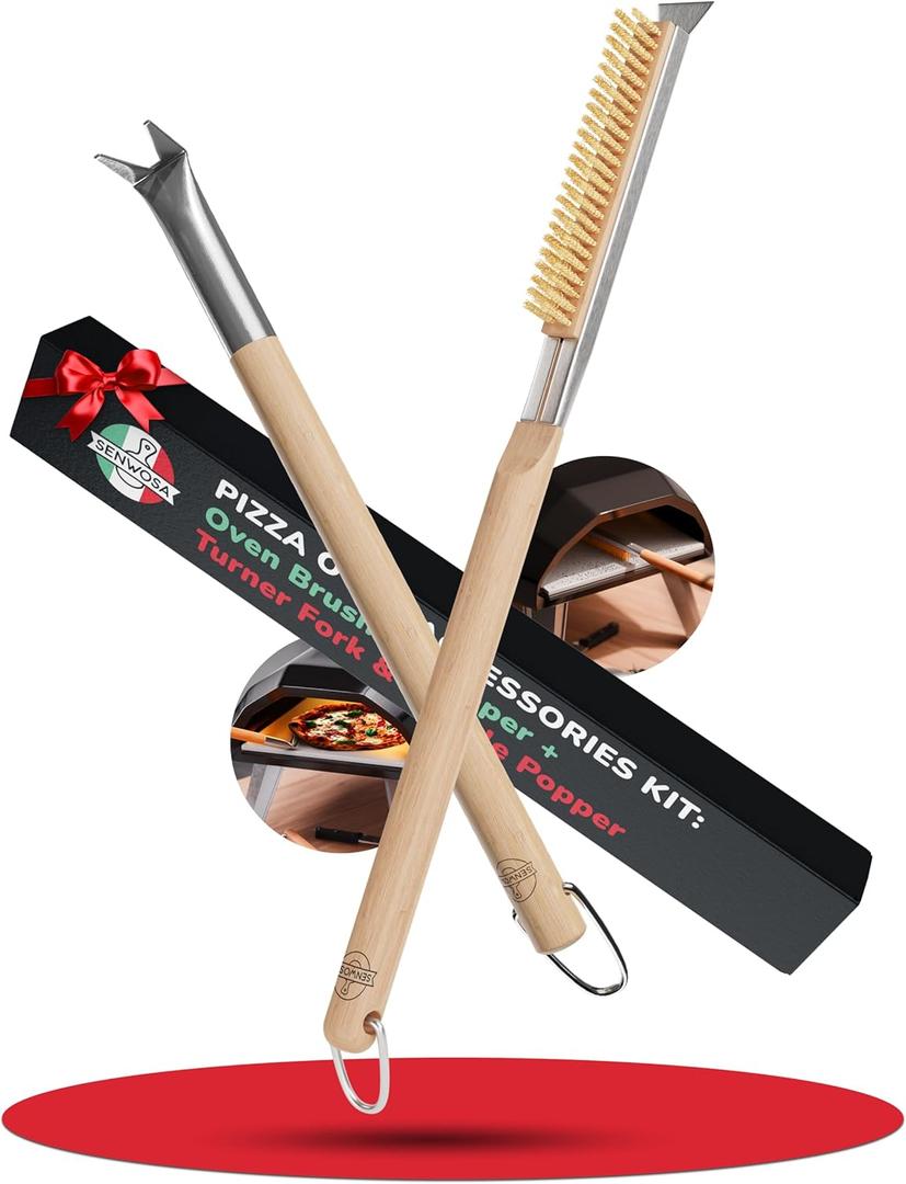 Pizza Oven & Stone Brush with Scraper, Turning Fork & Bubble Popper Bundle - Essential Accessories & Tools for Any Pizza Oven (Set of 2)