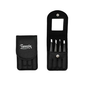 TWEEZIA Stainless Steel Tweezer Set - 4 Precision Tweezers with Mirror & Leather Case - Ideal Eyebrow Kit, Ingrown Hair Tweezers, Splinter Removal Kit or Pointed Tweezers for Beauty and Personal Care