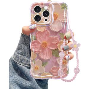 Jusy Oil Painting Flower Compatible with iPhone 16 Pro Max Case, with Bracelet Chain, Colorful Retro Floral Cute Curly Wave Frame Women Girls-Pink