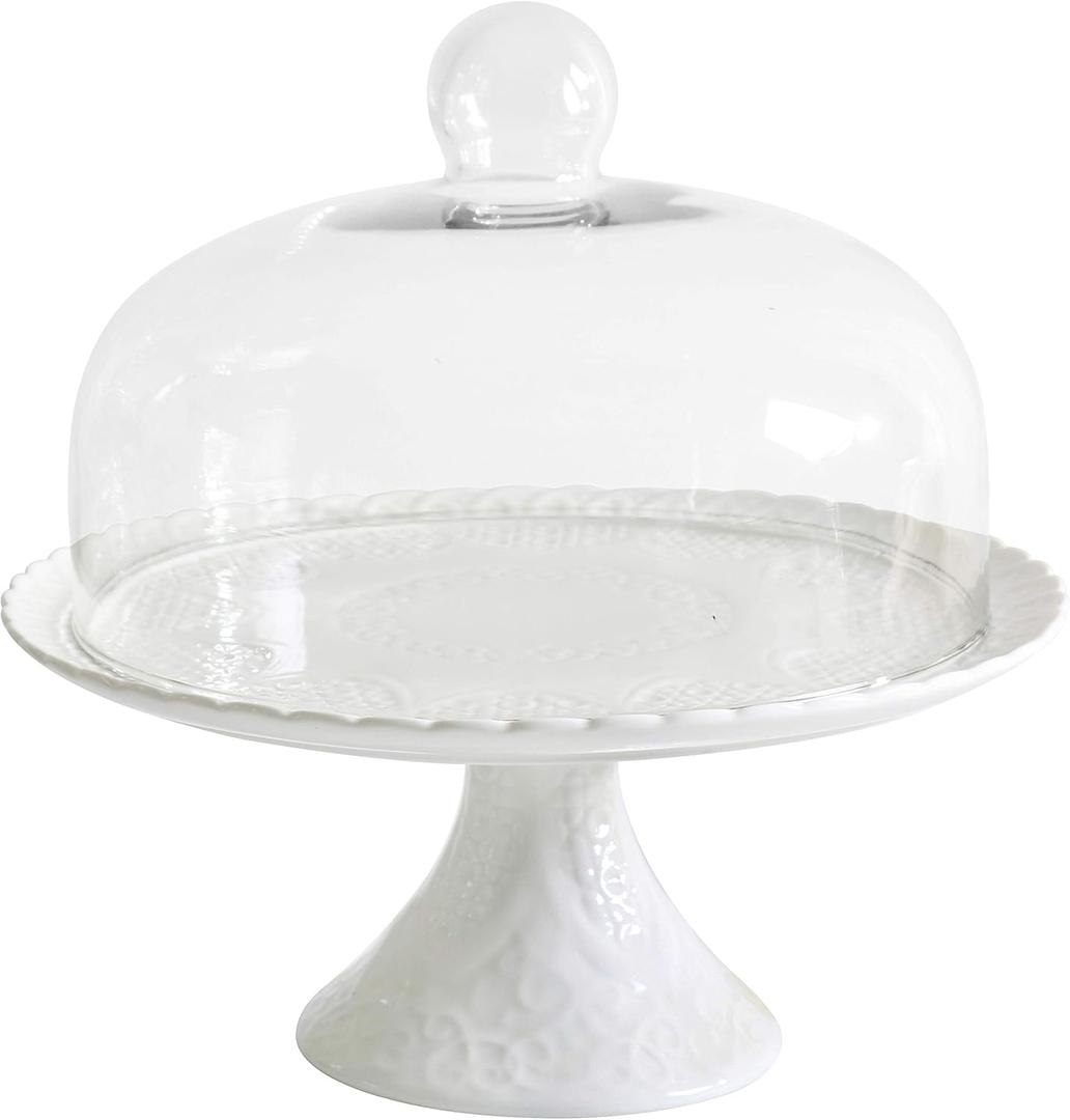 Jusalpha 12 Inches White Porcelain Decorative Cake Stand-Cupcake Stand (CS01 - Glass Dome)