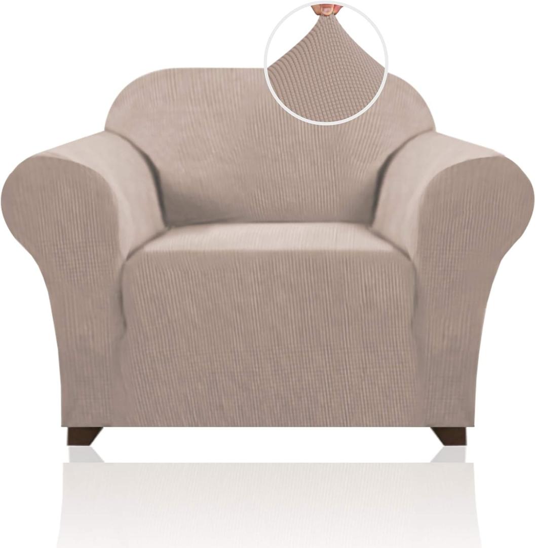 PrinceDeco Stretch Chair Cover Chair Slipcovers with Arms 1-Piece Chair Sofa Slipcovers or Living Room Non Slip Armchair Cover Furniture Protector Dogs Pet Friendly(Armchair,Sand)