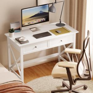 Lewahom White Computer Desk with 2 Drawers, Modern Makeup Vanity Desk with Storage, Writing Desk for Home Office, 42'' Long Study Simple White Desk for Bedroom Console Table Living Room, Small