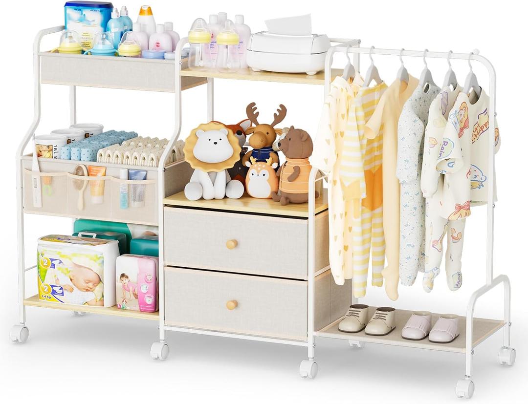 BBLIKE Diaper Caddy Organizer with Hanging Rack - 3 Tier Rolling Utility Cart with Drawers and Dividers for Baby Bottle Storage - Bedside Cart for Changing Station, Crib, Nursery, Bedroom, Beige, 48.8"*11.81"*31.5"