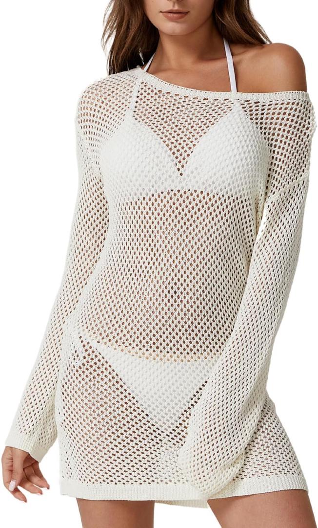 QINSEN Womens Crochet Bathing Suits Cover Up Boat Neck Mesh Knit Beach Dress Swim Vacation Outfits (Small, Beige)