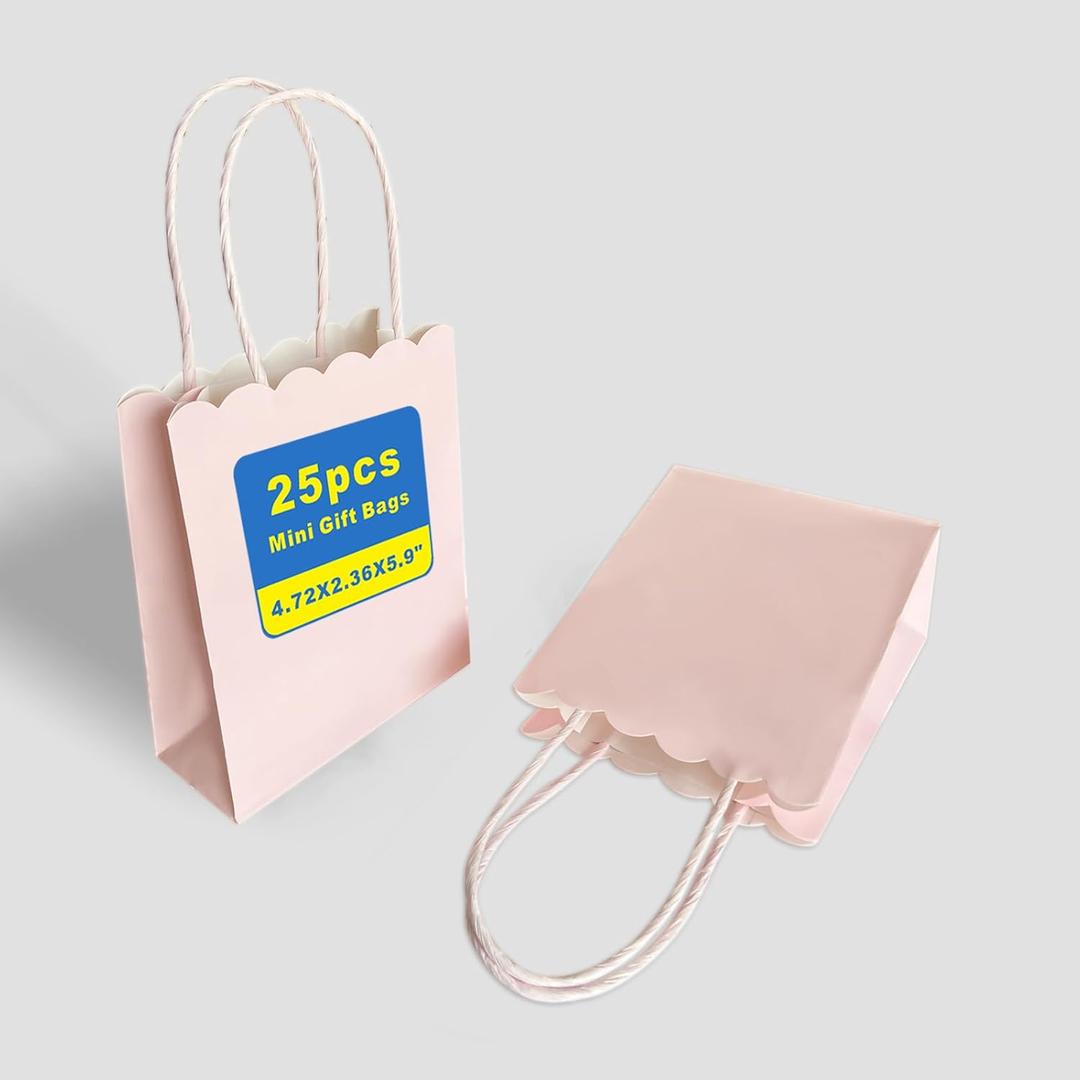 XIAMUY Mini Gift Bags 4.7x5.9x2.3 Inch 25Pcs, Cute Tiny Pink Bags With Handles, Perfect For Mother's Day, Kids Birthday, Goodie, Treat, Candy, Baby Shower, Party Favor, Wedding, Classroom, Events