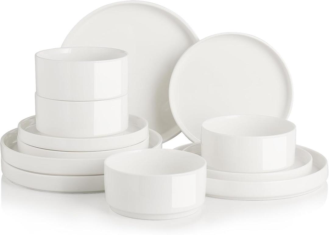 Sweejar Porcelain Dinnerware Sets for 4, 12 Pieces Ceramic Plates and Bowls Set, Classic Modern Simple Kitchen Dinner Dining Ware Set, Dishwasher and Microwave Safe Dishes Sets(Pure White), Service for 4