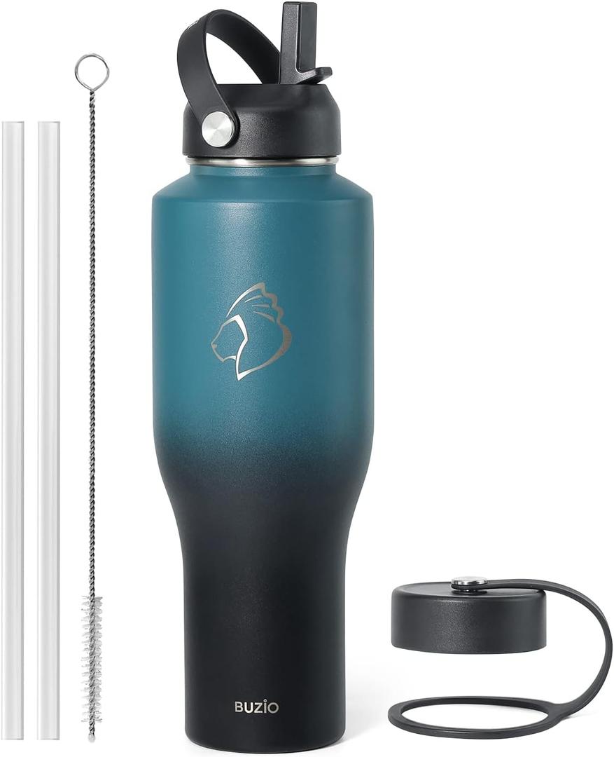 BUZIO 40oz Insulated Water Bottle Fits in Any Car Cup Holders, 40oz Vacuum Insulated Tumbler with Lids and Straw for Water, Travel Mug Cupholder Friendly, Leakproof Keep Cold & Hot, Indigo Crush