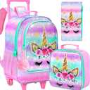 CCJPX 3Pcs Unicorn Rolling Backpack for Girls, 18" Kids Roller Wheels School Bookbag Set, Travel Wheeled School Bag for Toddler Elementary Children(Pink)