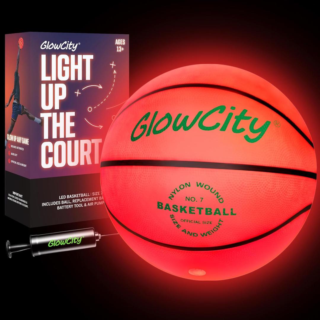 GlowCity Glow in The Dark Basketball - Size 5, 6, 7 Light Up Ball for Kids, Teens & Adults - Night Outdoor Games - Sports Birthday Gifts Ideas for Boys Ages 6 7 8 9 10 11 12 13 14 15