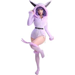 Mobbunny Women Anime Derivative Romper Onesie Pajamas Fluffy Bodysuit Hooded Jumpsuit with Tail Belt and Socks (Purple, M)