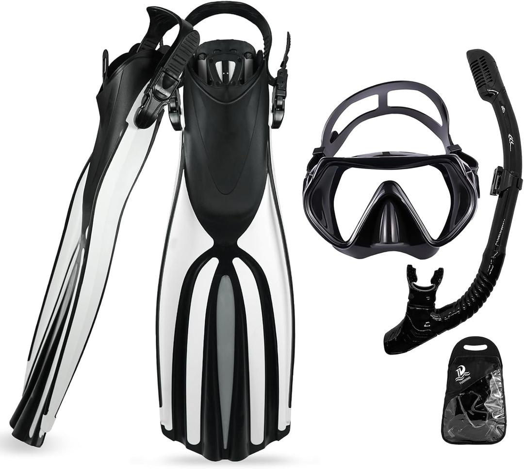 TUDIVING-Diving Fins Long Silicone Flippers Swim Equipment Snorkel Fins New Professional Scuba Fins Adults Men Women (Large-X-Large, Black diving set)