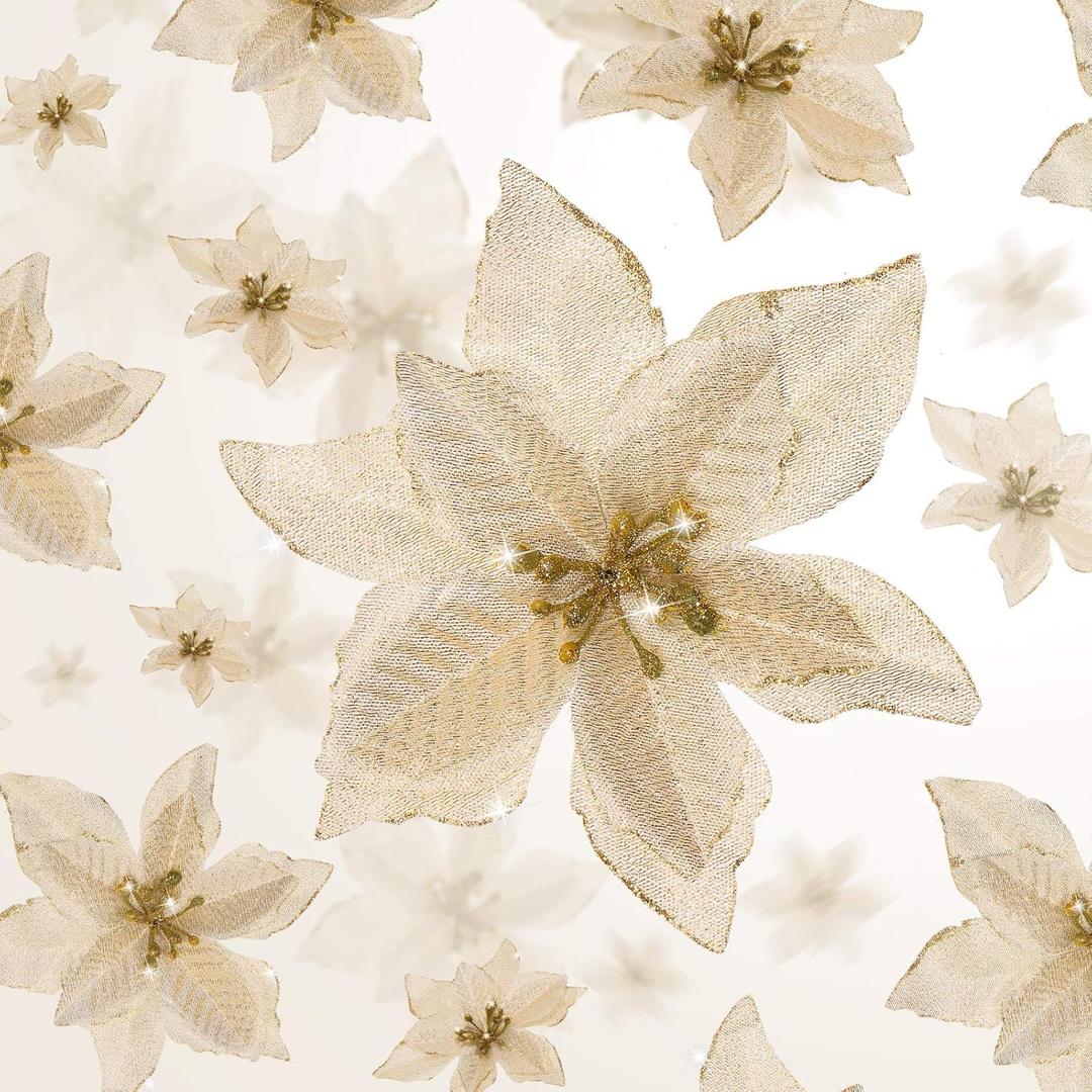 WILLBOND 48 Pieces 4 Size Christmas Glitter Poinsettia Artificial Glitter Poinsettia Christmas Tree Flowers Ornaments Wedding Party Decoration(Gold)
