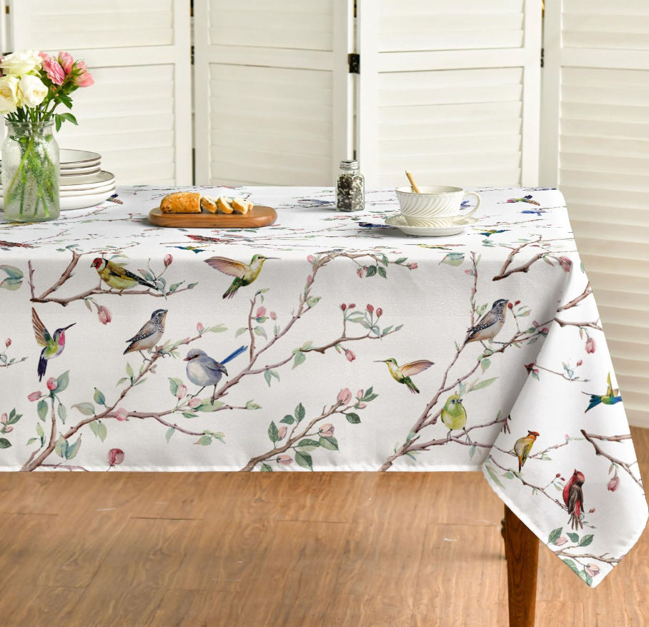 Horaldaily Spring Summer Tablecloth 60x84 Inch Rectangular, Birds Branch Floral Table Cover for Party Picnic Dinner Decor