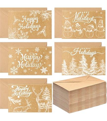 Holiday Greeting Cards - 36 Pack, 4 x 6 In Kraft Paper, Bulk Holiday Card Pack with Envelopes & Assorted Cute Designs