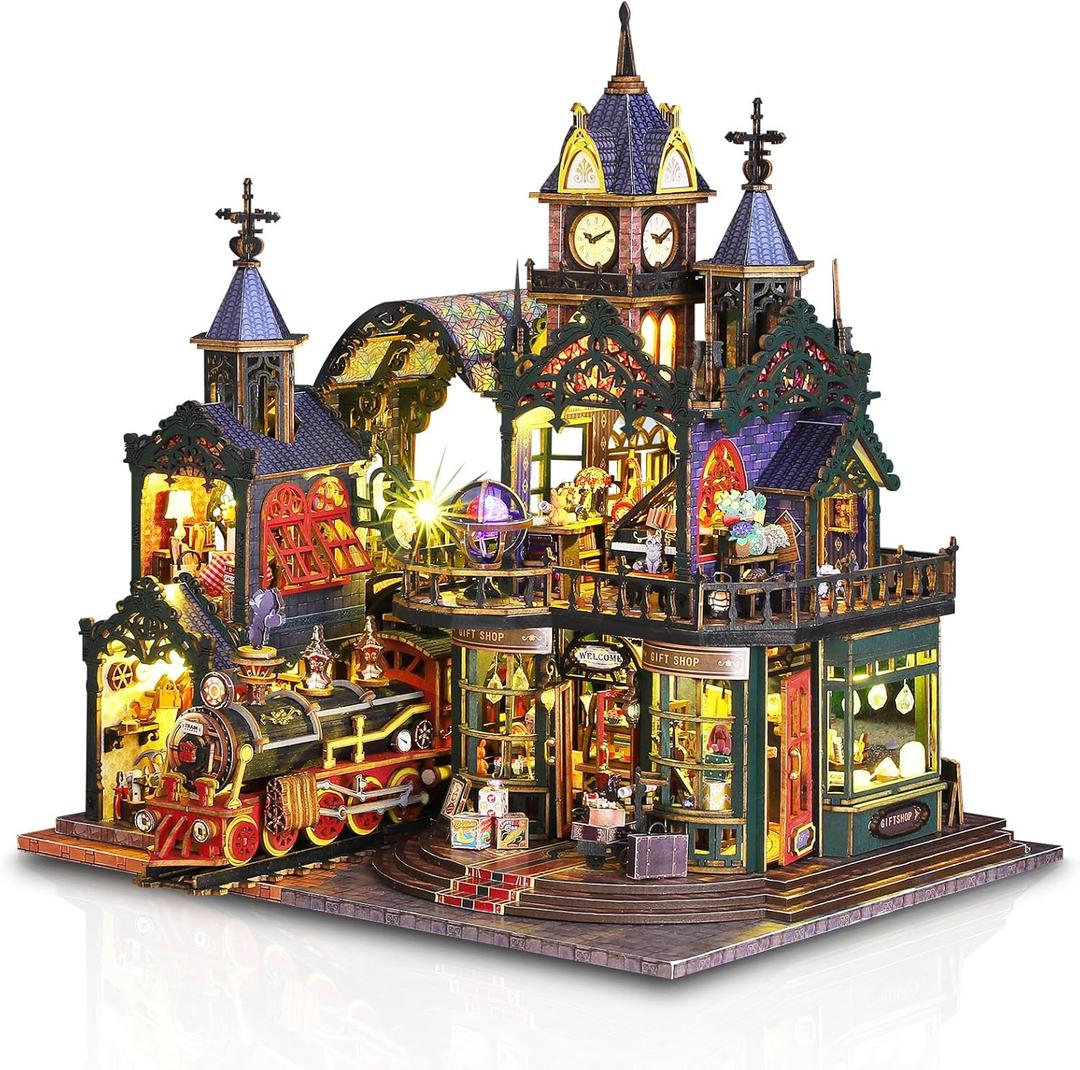 DIY Miniature Dollhouse Kit for Adults - Victorian Tiny House Building Kit with Train, LED, Music - 1:24 Scale Wooden Mini Home Prefab Gift for Christmas, Shelf Decor, Hobby Craft