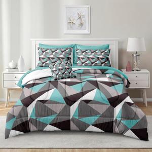 MOVE OVER 8 Pieces Queen Size Teal Blue and Grey Comforter Set with Sheet Set Geometric Triangle Comforter Bedding Set Stylish Modern Triangle Plaid Design Boho Comforter Sets for All Seasons